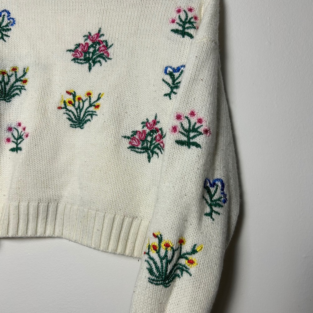 Floral Embroidered‎ Knit Sweater Cream Crewneck Long Sleeve - Picture 6 of 7
